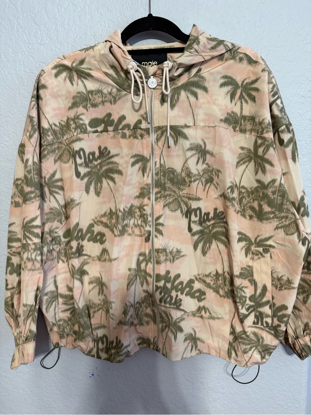 Maje Blush and Olive Palm-Print Zip Hoodie